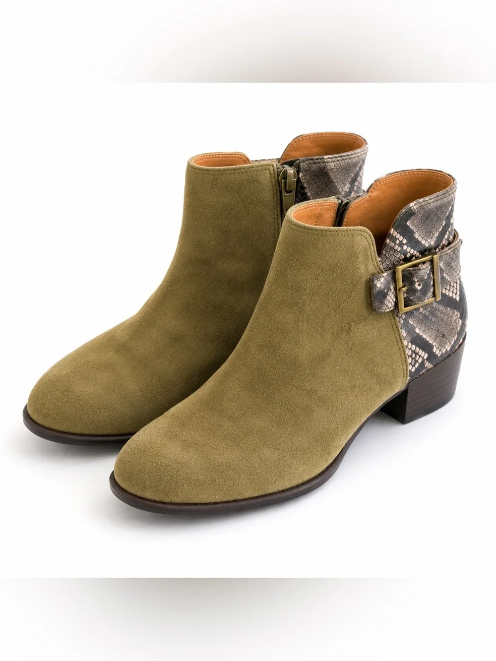 Vionic Naomi Olive Suede Snakeskin Ankle Boots Women’s Size 8.5